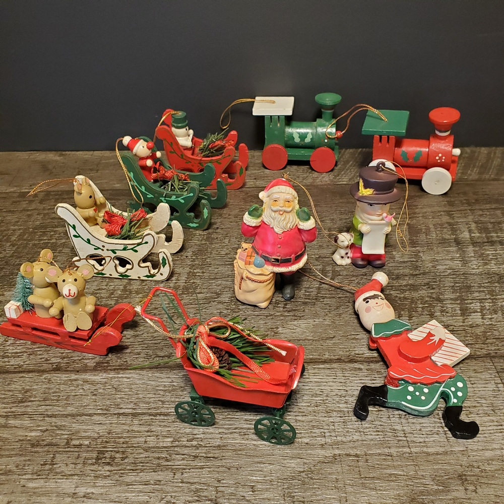 Vintage Wooden Red and Green Holiday Ornament Collection Sleigh Trains Santa